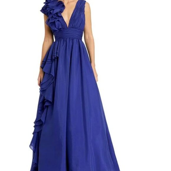 Mac Duggal Deep V-Neck Sleeveless Ruffled Shoulder Ball Gown - Picture 3 of 3